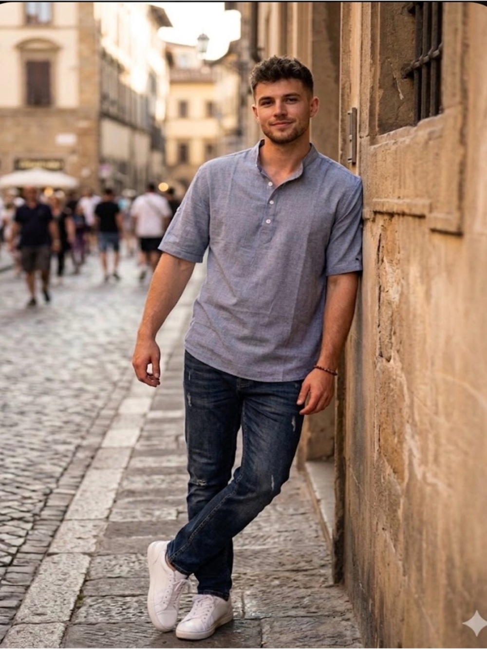 COOFANDY Men's Short-Sleeve Henley Button-Down Shirt in Light Blue